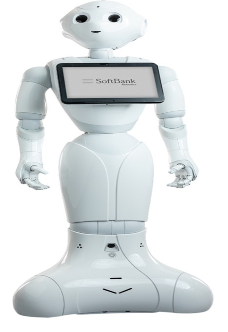 a white robot with a screen on it